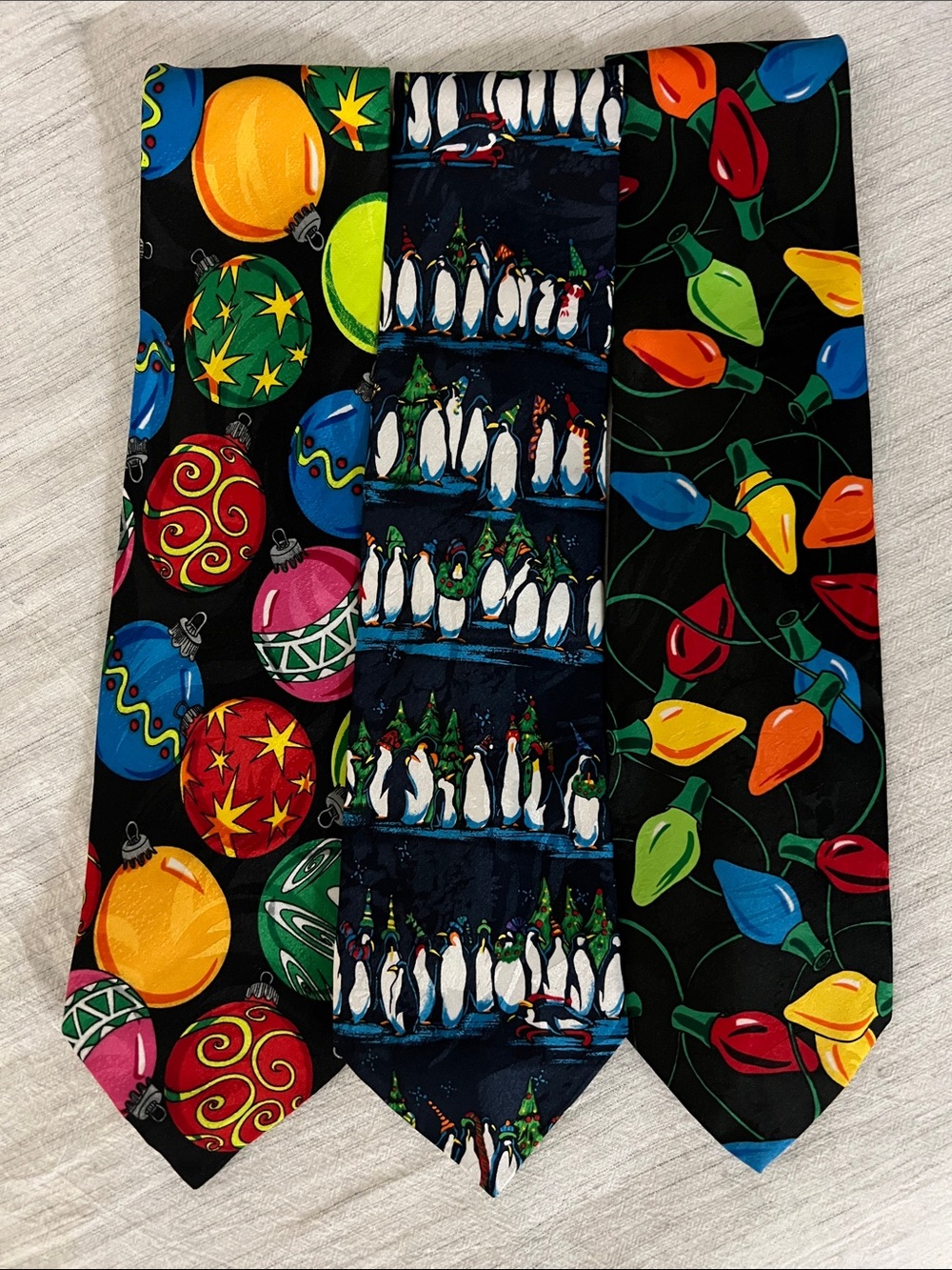 Men's Holiday Neckties (Set of 3) | Christmas Ornaments Lights Penguins Festive